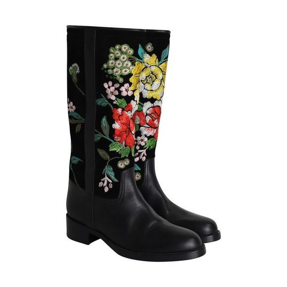 Pre Loved Etro  Floral Embroidered Knee-high Boots in Black Leather and Suede - Picture 3 of 6
